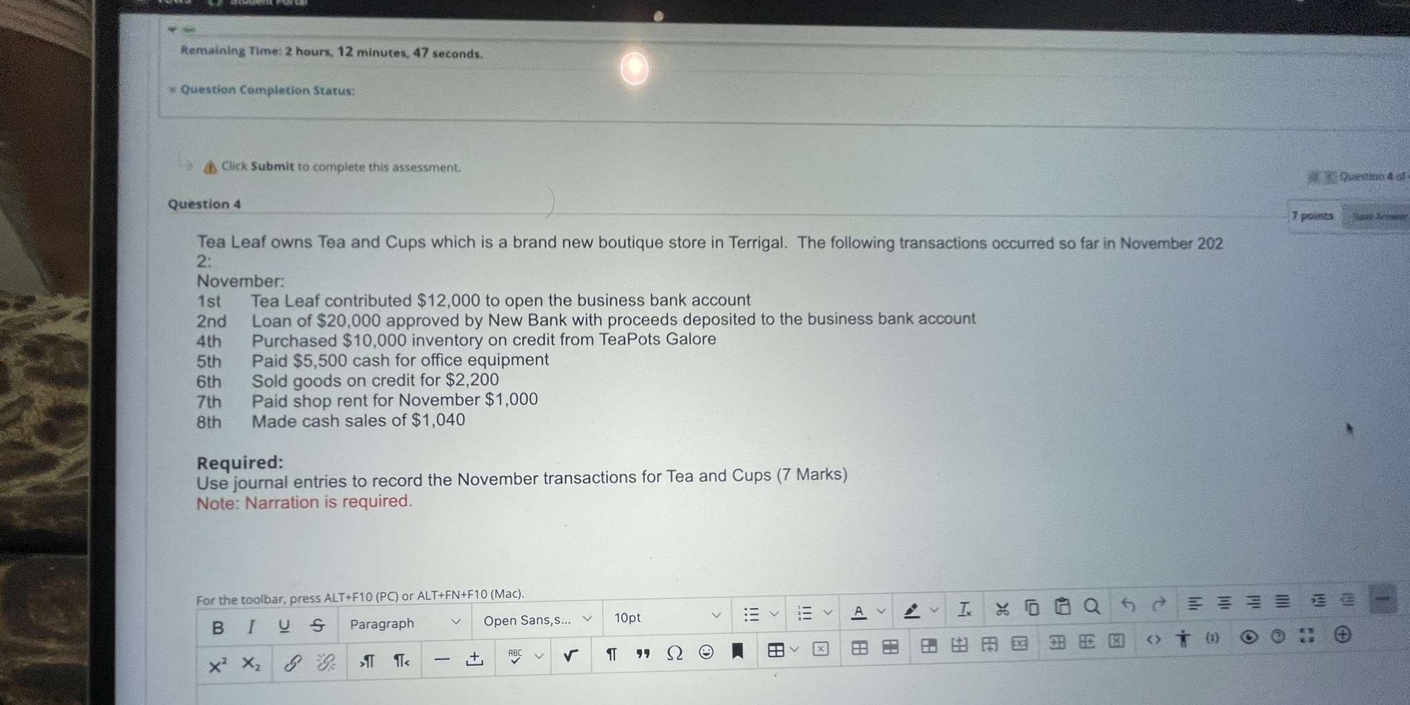  Remaining Time: 2 hours. 12 minutes, 47 seconds. Question Completion Status: