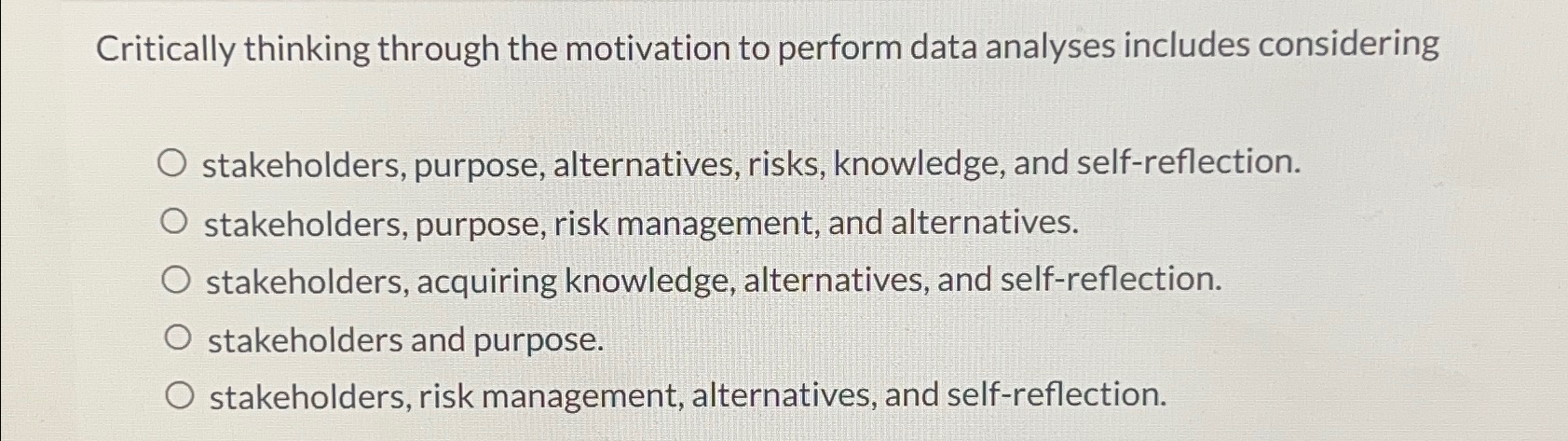  Critically thinking through the motivation to perform data analyses includes considering