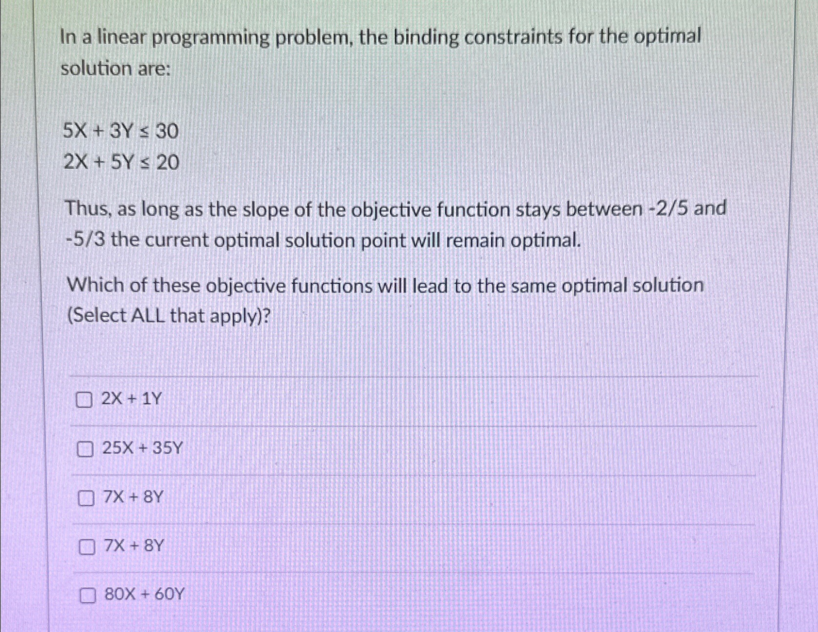 In a linear programming problem, the binding constraints for the optimal