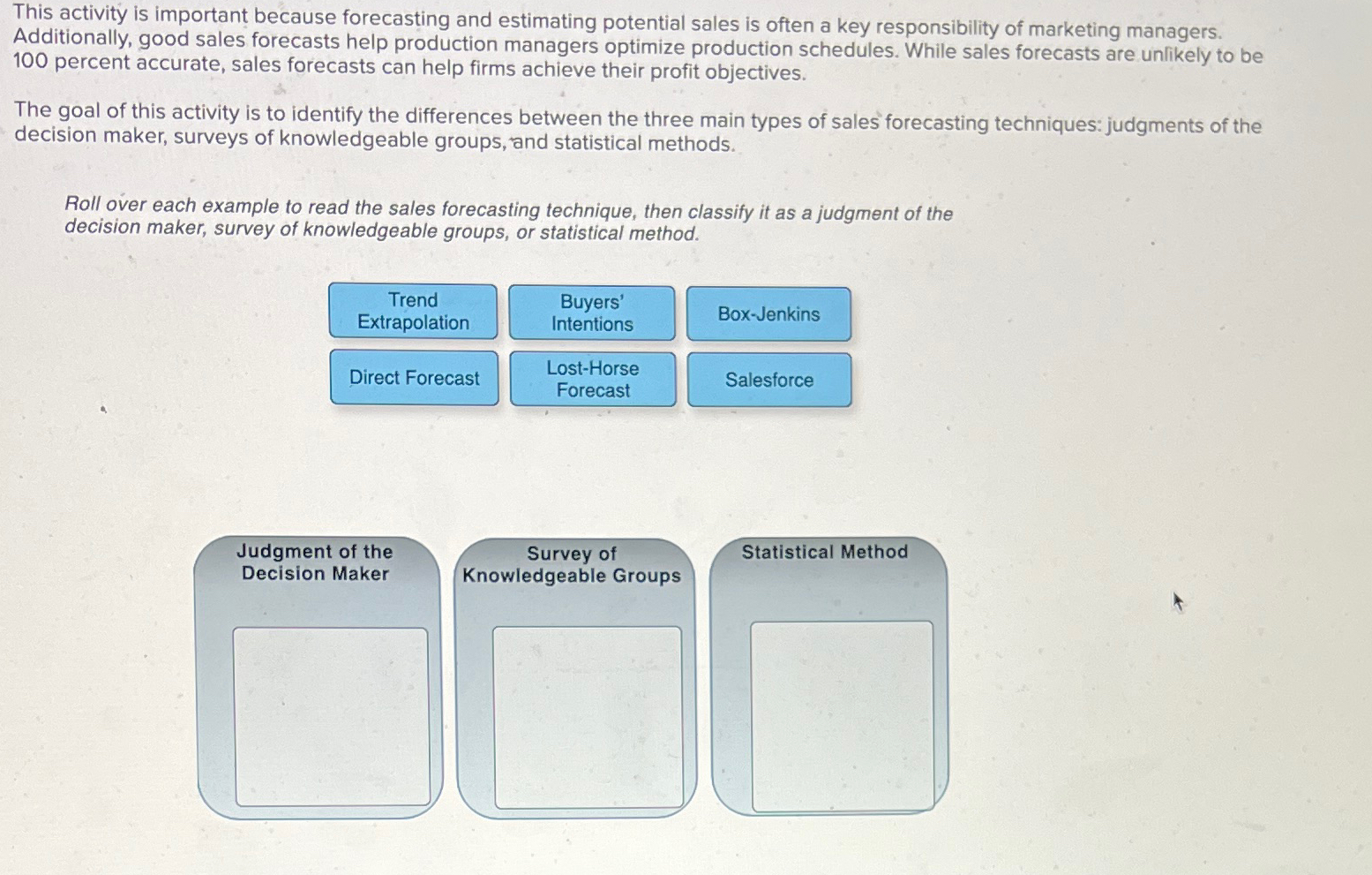  This activity is important because forecasting and estimating potential sales is