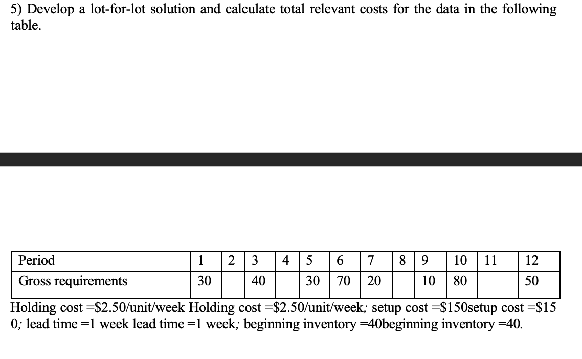  Develop a lot-for-lot solution and calculate total relevant costs for the
