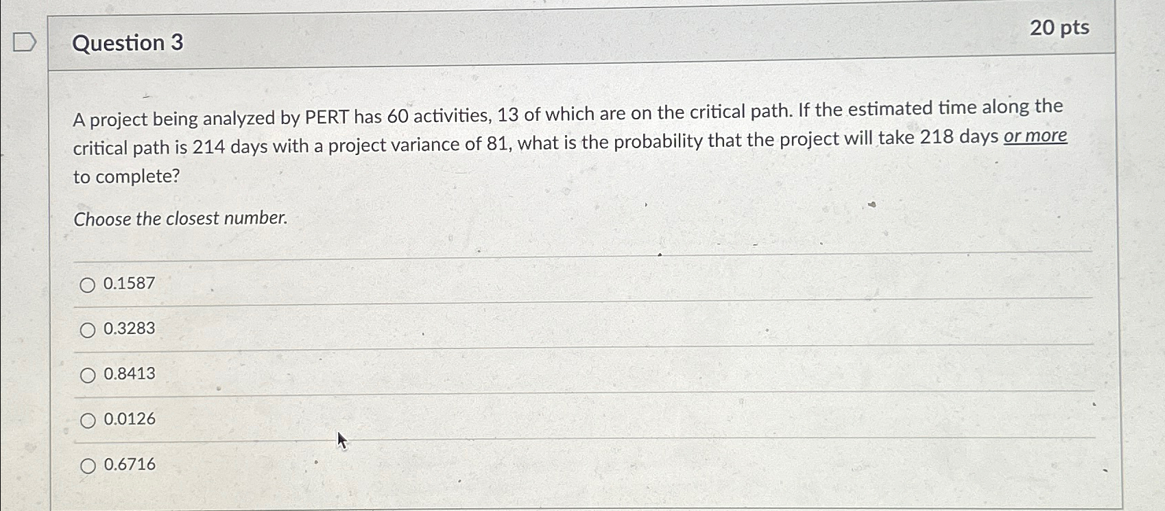  Question 3 20 pts A project being analyzed by PERT has