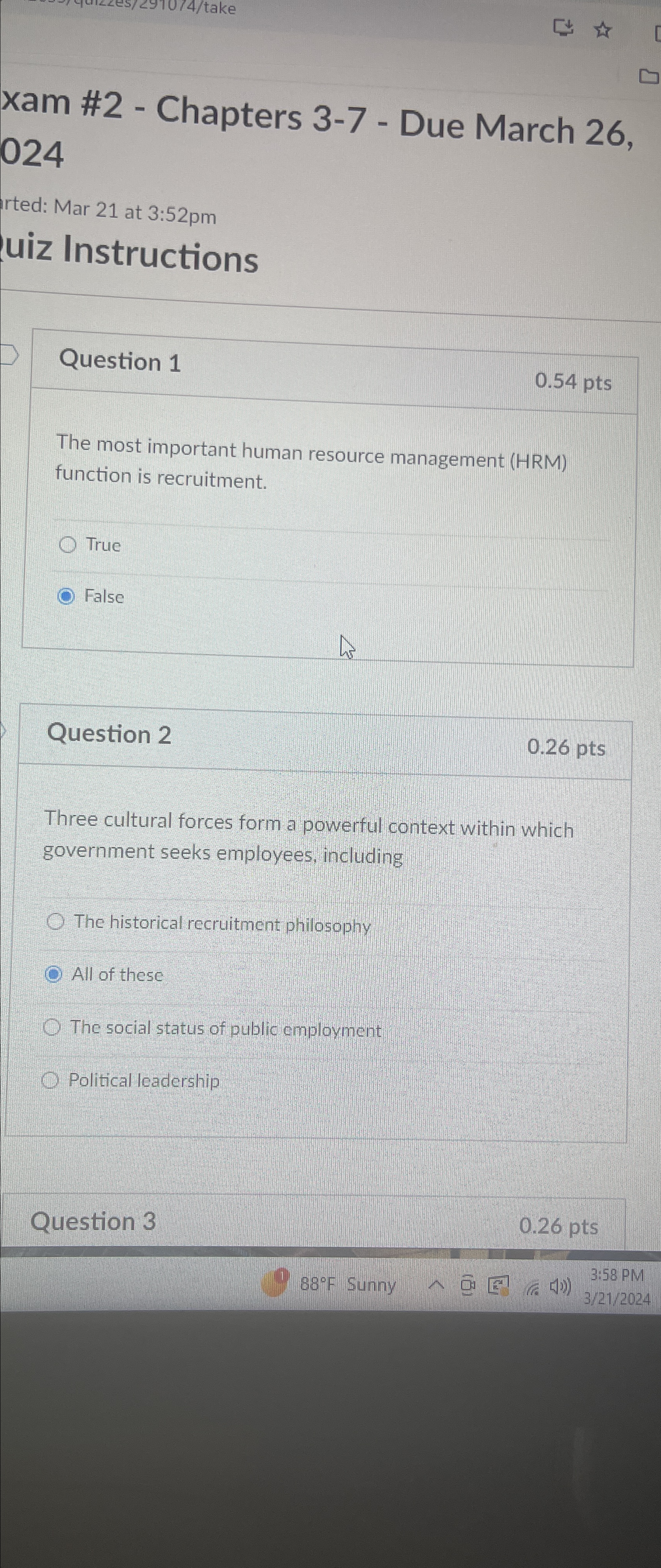  xam #2- Chapters 3-7- Due March 26,024 irted: Mar 21 at