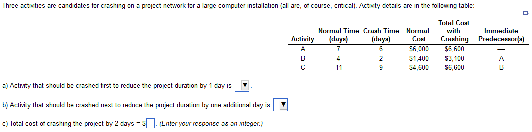 a) Activity that should be crashed first to reduce the project