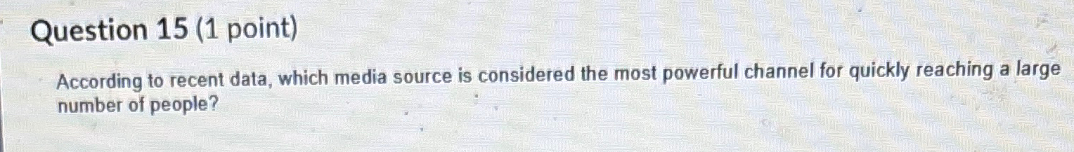  Question 15(1 point) According to recent data, which media source is