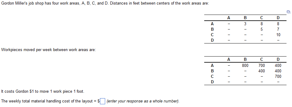  Workpieces moved per week between work areas are: It costs Gordon