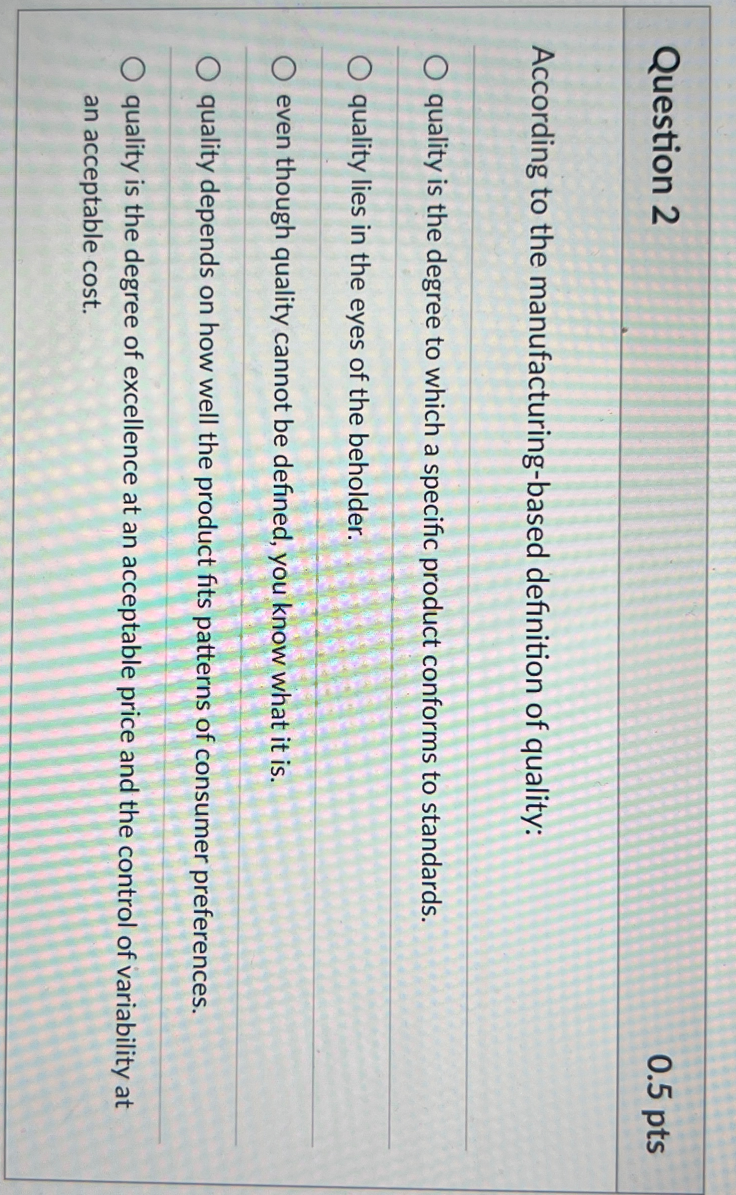  Question 2 0.5pts According to the manufacturing-based definition of quality: quality