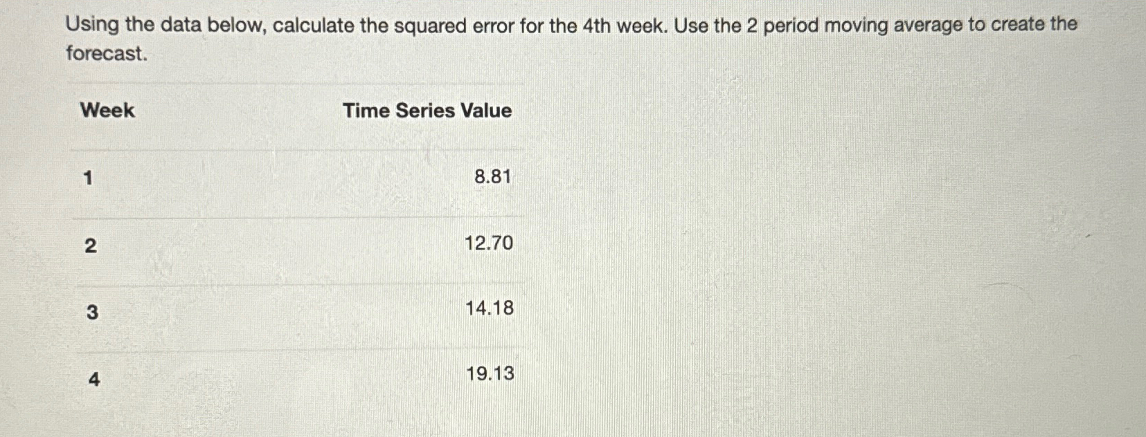  Using the data below, calculate the squared error for the 4th