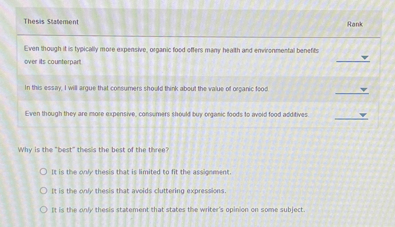  Thesis Statement Rank Even though it is typically more expensive, organic