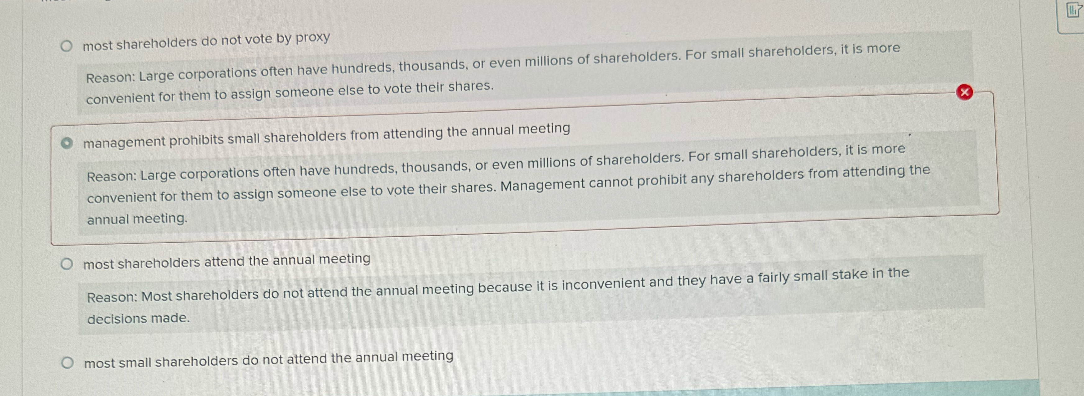  most shareholders do not vote by proxy Reason: Large corporations often