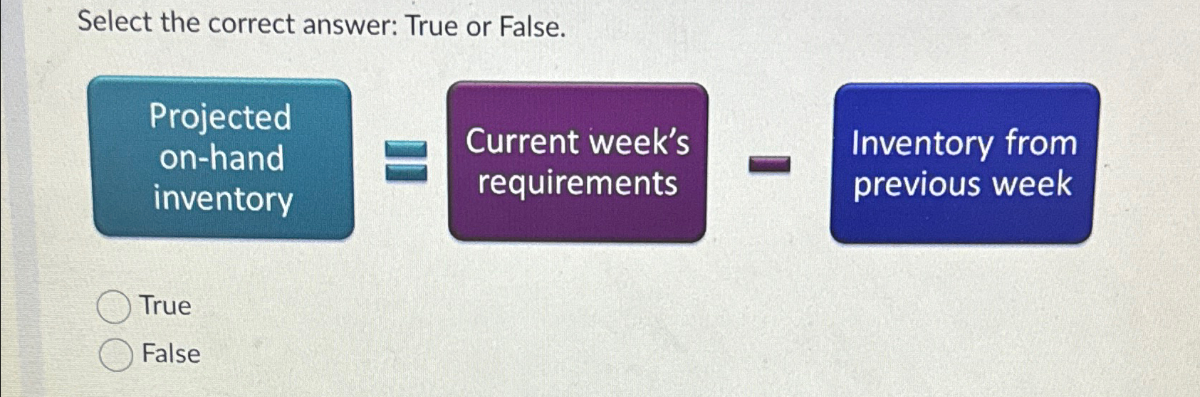  Select the correct answer: True or False. Projected on-hand Current week's