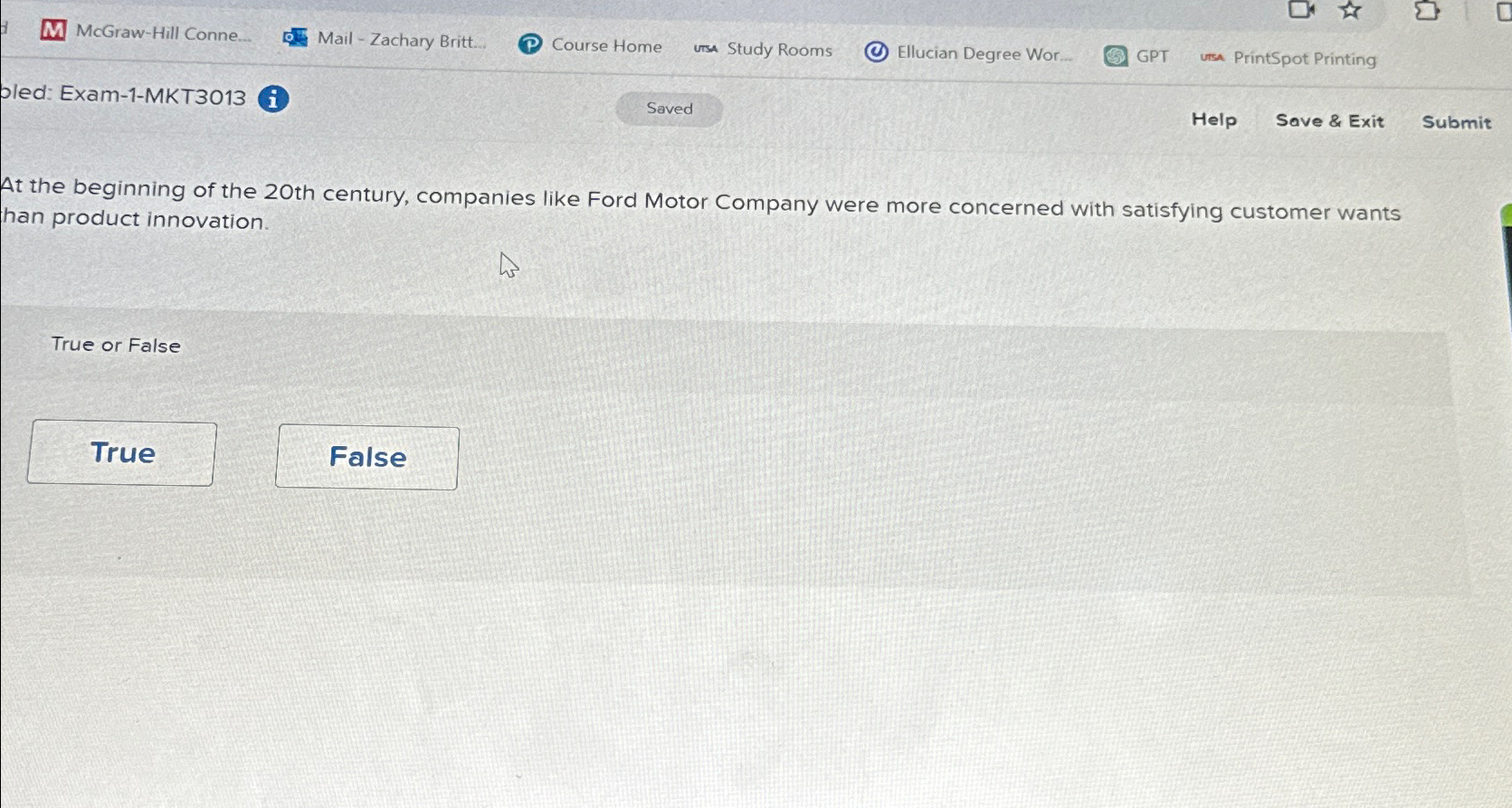  pled: Exam-1-MKT3013 Help Save & Exit Submit At the beginning of