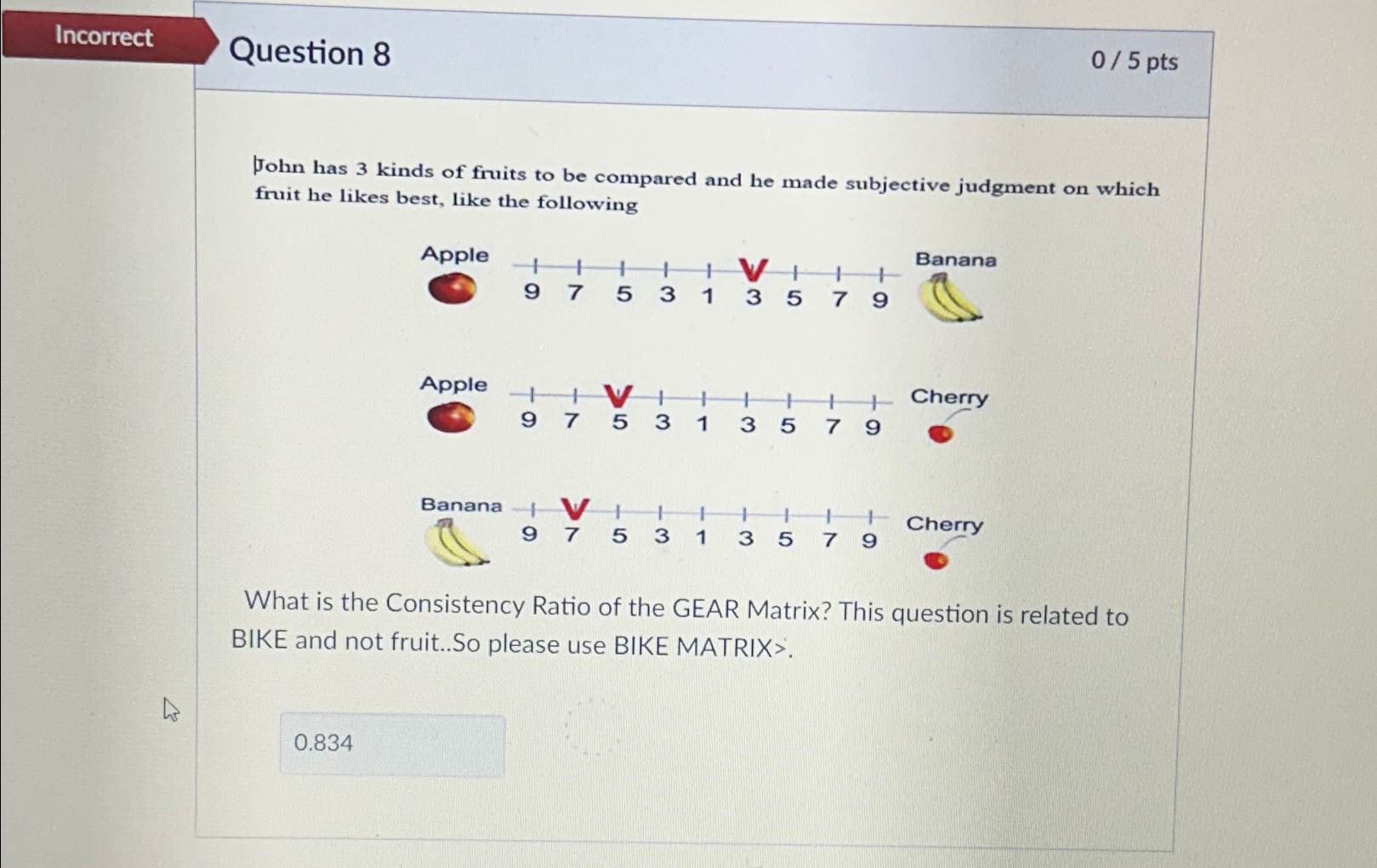  Incorrect Question 8 05 pts John has 3 kinds of fruits