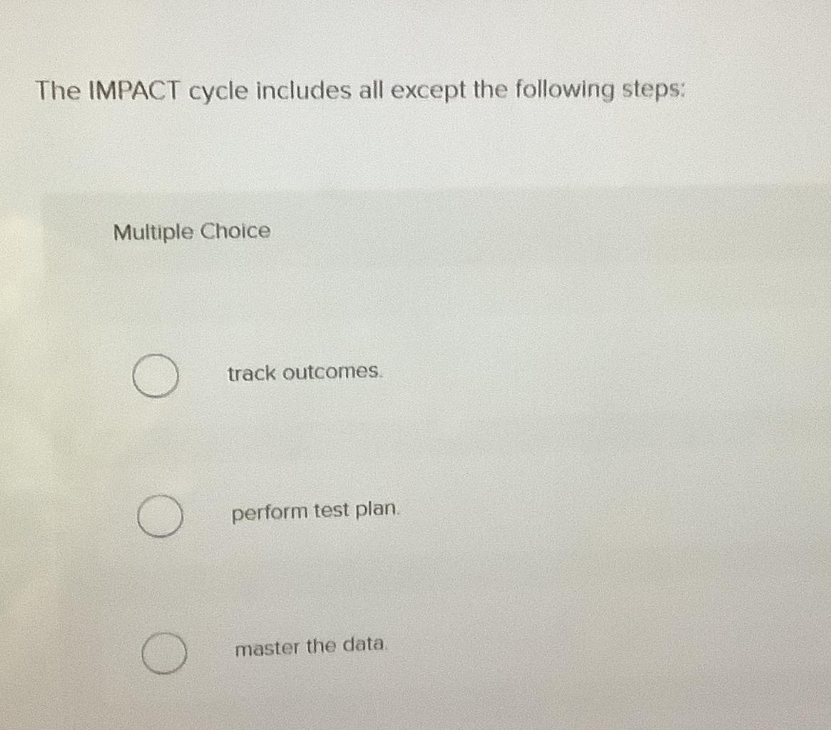  The IMPACT cycle includes all except the following steps: Multiple Choice
