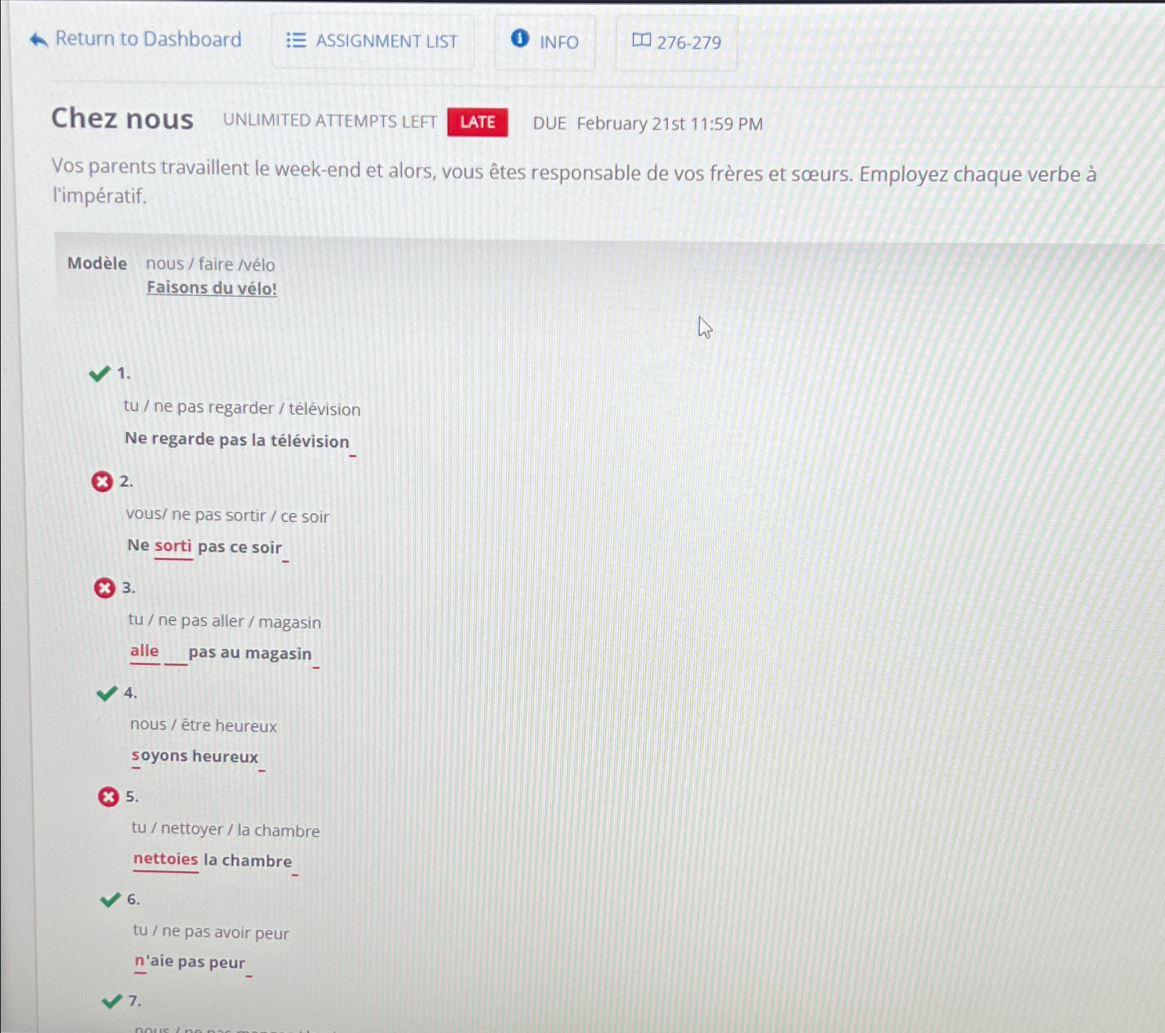  Return to Dashboard (-) INFO 276-279 Chez nous UNLIMITED ATTEMPTS LEFT