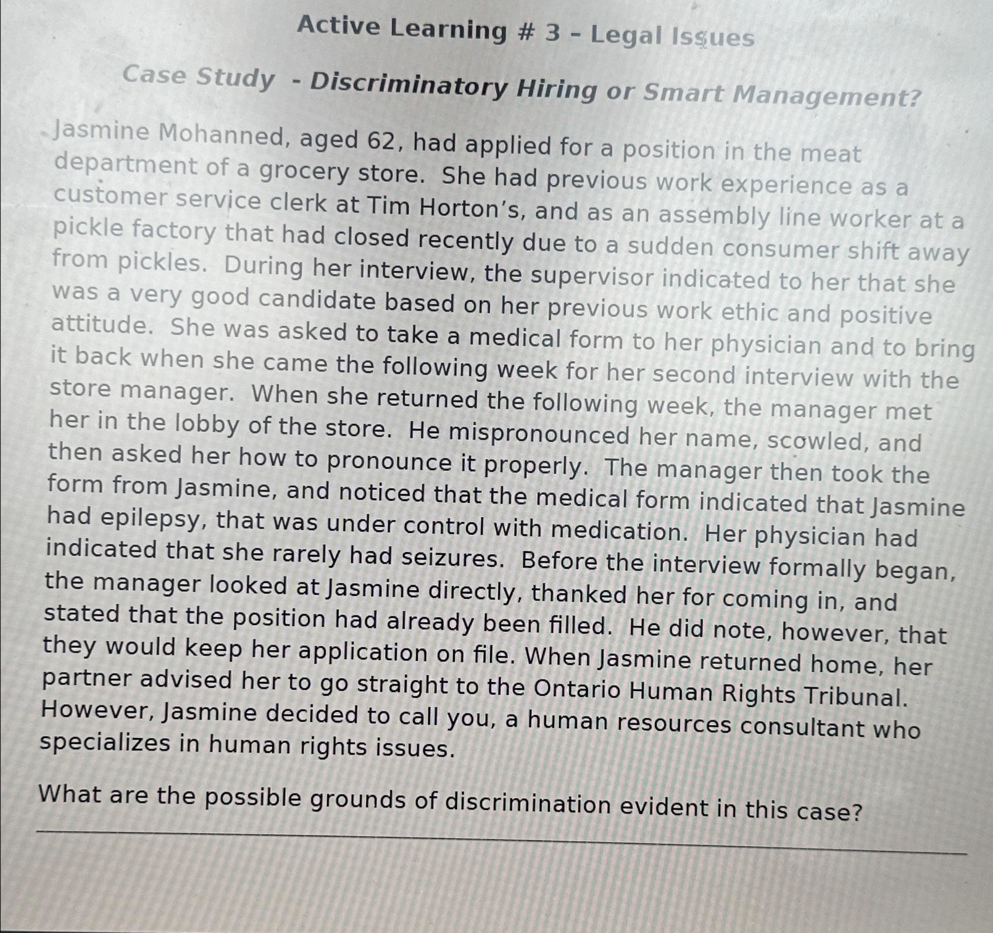 Active Learning # 3- Legal Isues Case Study - Discriminatory Hiring