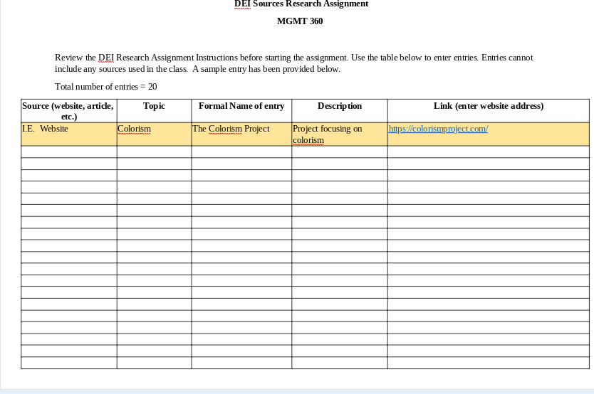 DEI Research Assignment This assignment will require students to conduct research and