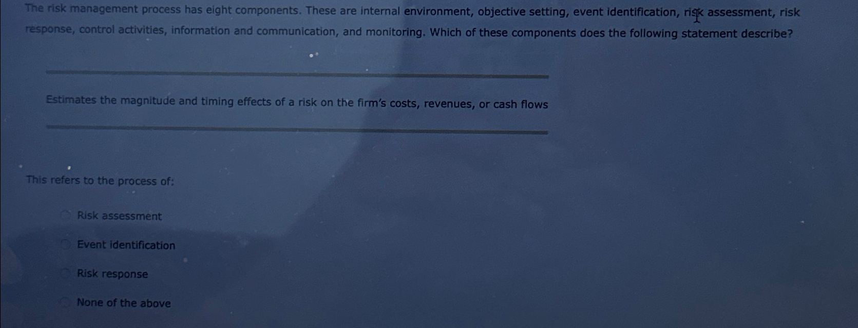  The risk management process has eight components. These are internal environment,