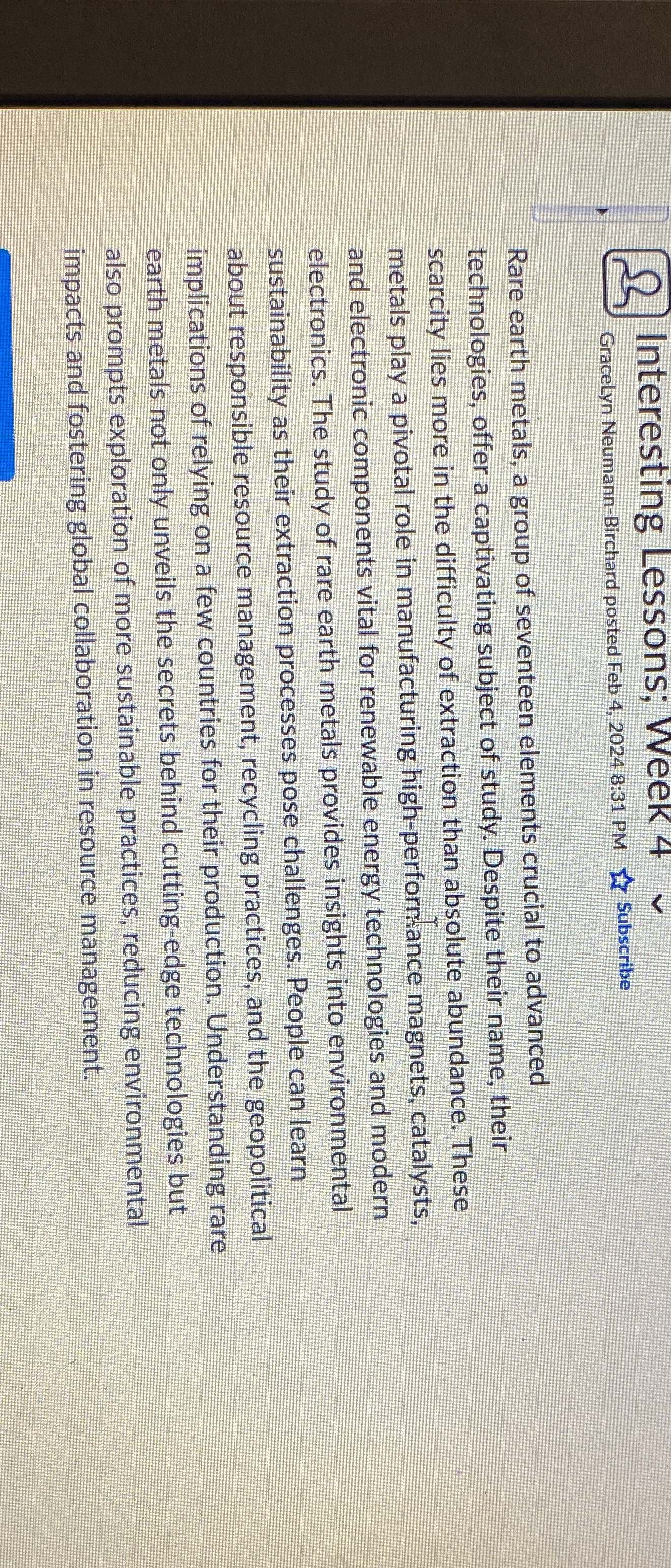  (3) Interesting Lessons; week 4 Gracelyn Neumann-Birchard posted Feb 4,20248:31 PM