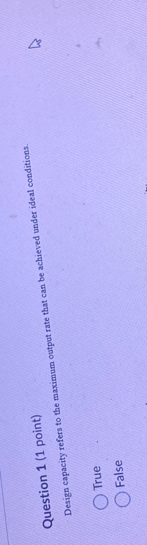  Question 1(1 point) Design capacity refers to the maximum output rate