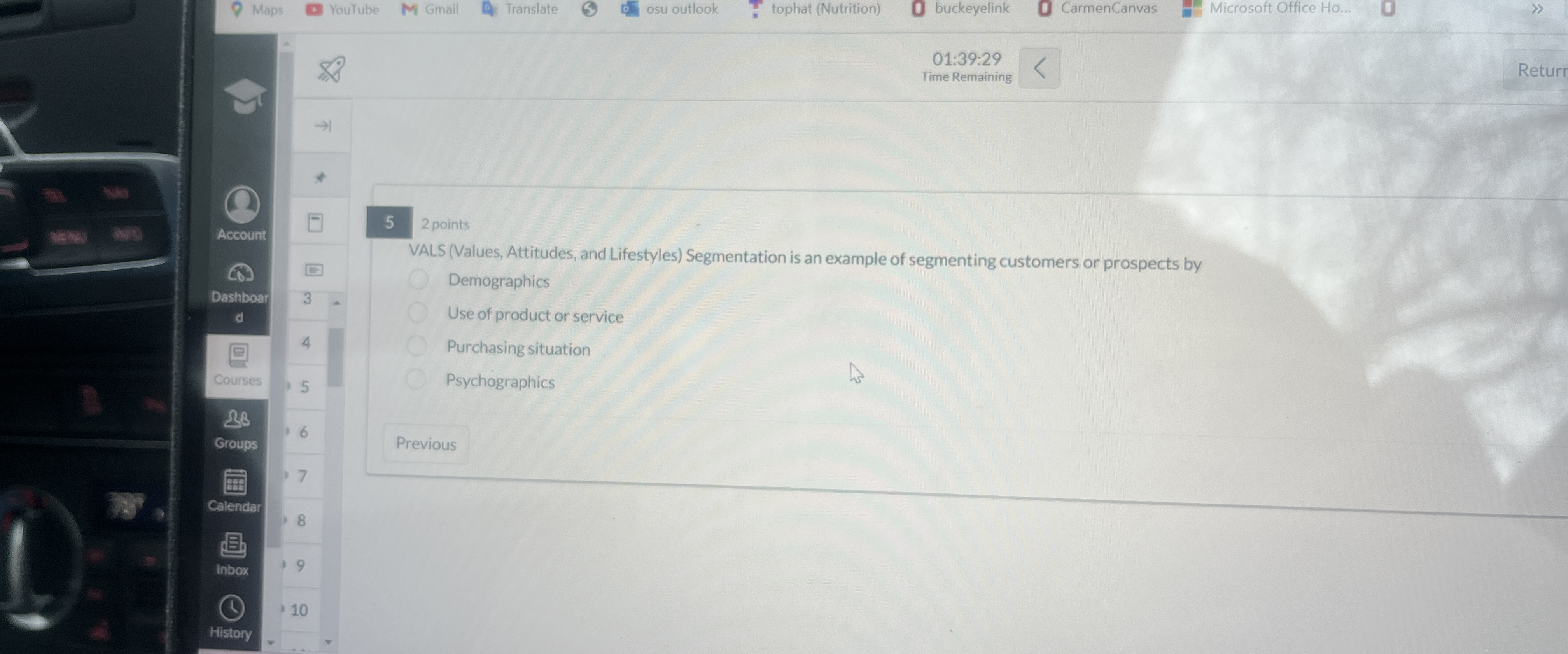  5 2 points VALS (Values, Attitudes, and Lifestyles) Segmentation is an