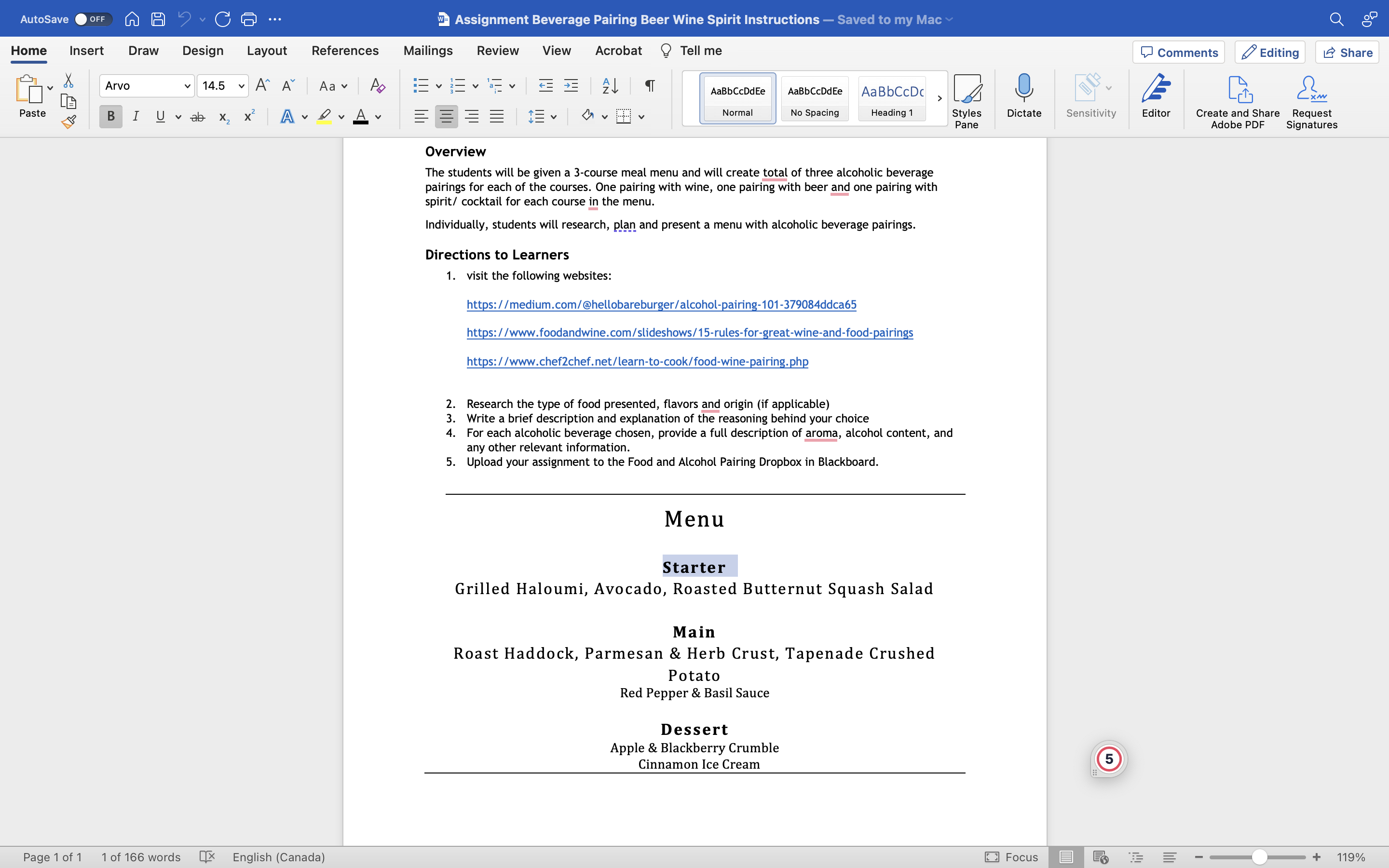 The students will be given a 3-course meal menu and will