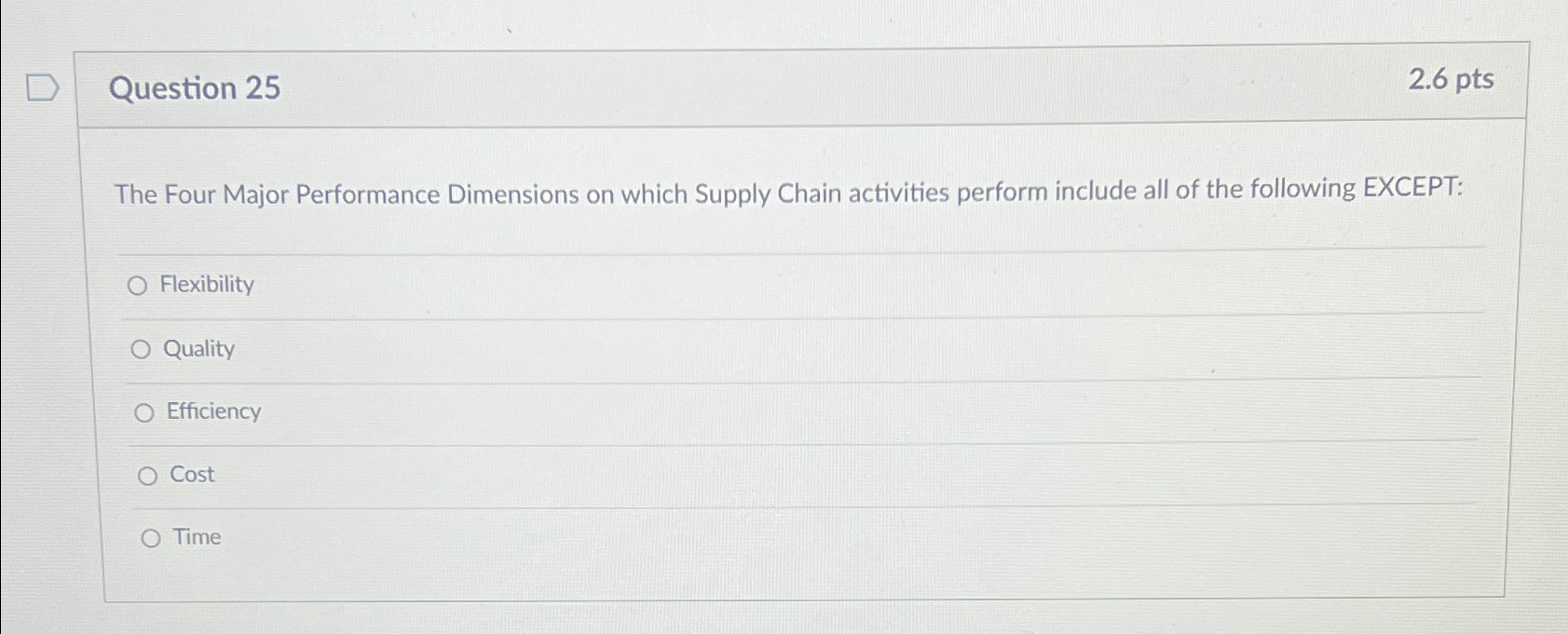  Question 25 2.6pts The Four Major Performance Dimensions on which Supply