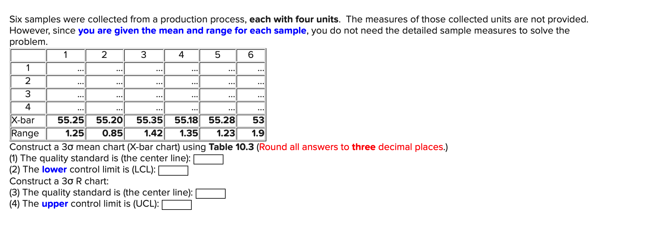  Six samples were collected from a production process, each with four