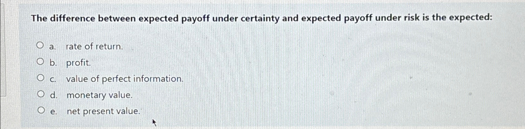  The difference between expected payoff under certainty and expected payoff under