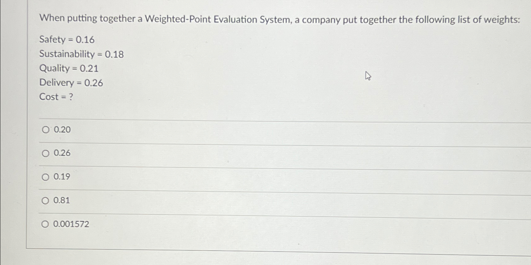  When putting together a Weighted-Point Evaluation System, a company put together
