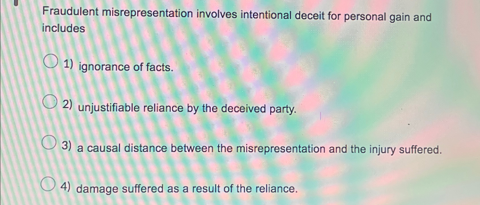  Fraudulent misrepresentation involves intentional deceit for personal gain and includes ignorance