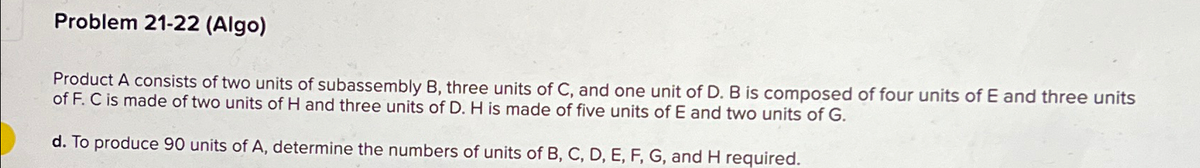  Problem 21-22(Algo) Product A consists of two units of subassembly B,