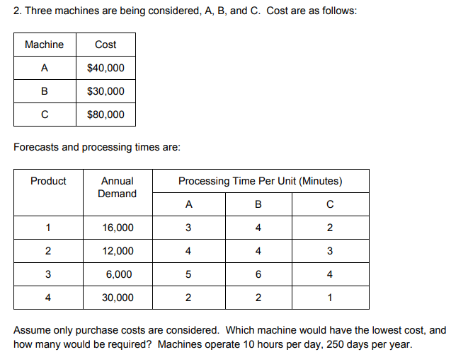  Three machines are being considered, A, B, and C. Cost are