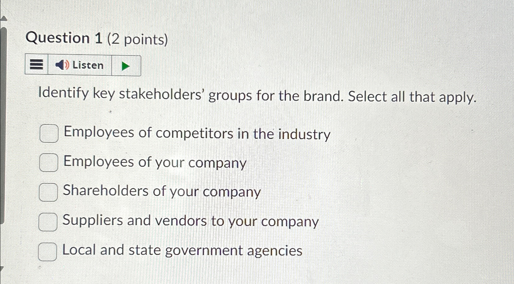  Question 1(2 points) Listen Identify key stakeholders' groups for the brand.