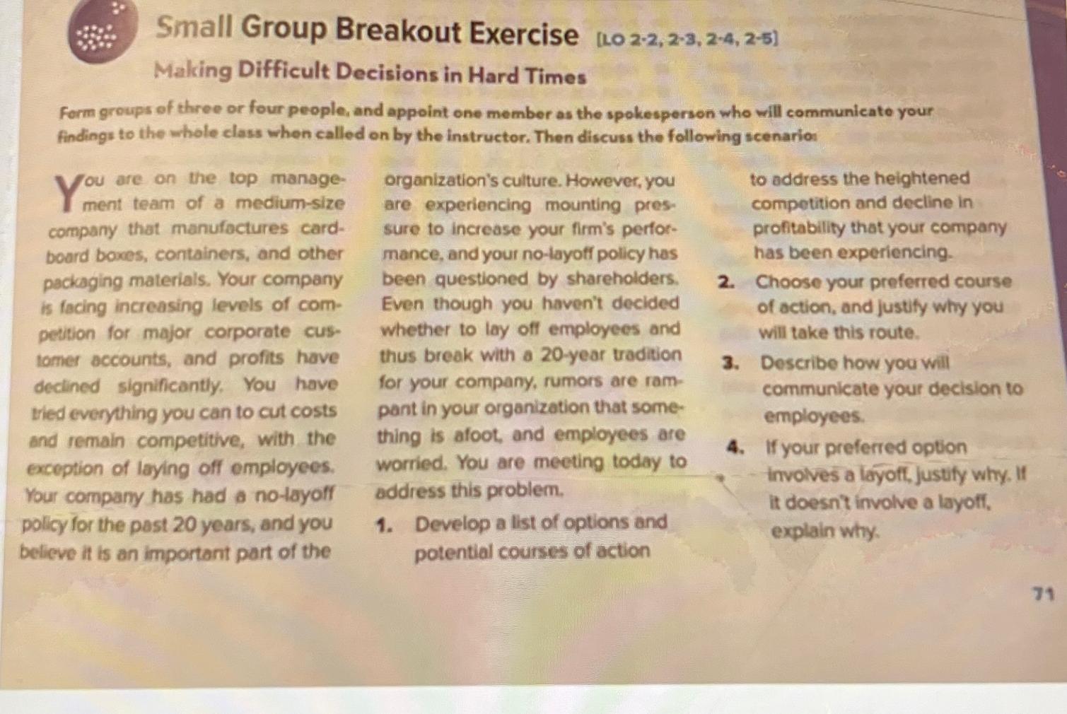 Small Group Breakout Exercise 102*2,2-3,2-4,2-5 Making Difficult Decisions in Hard Times