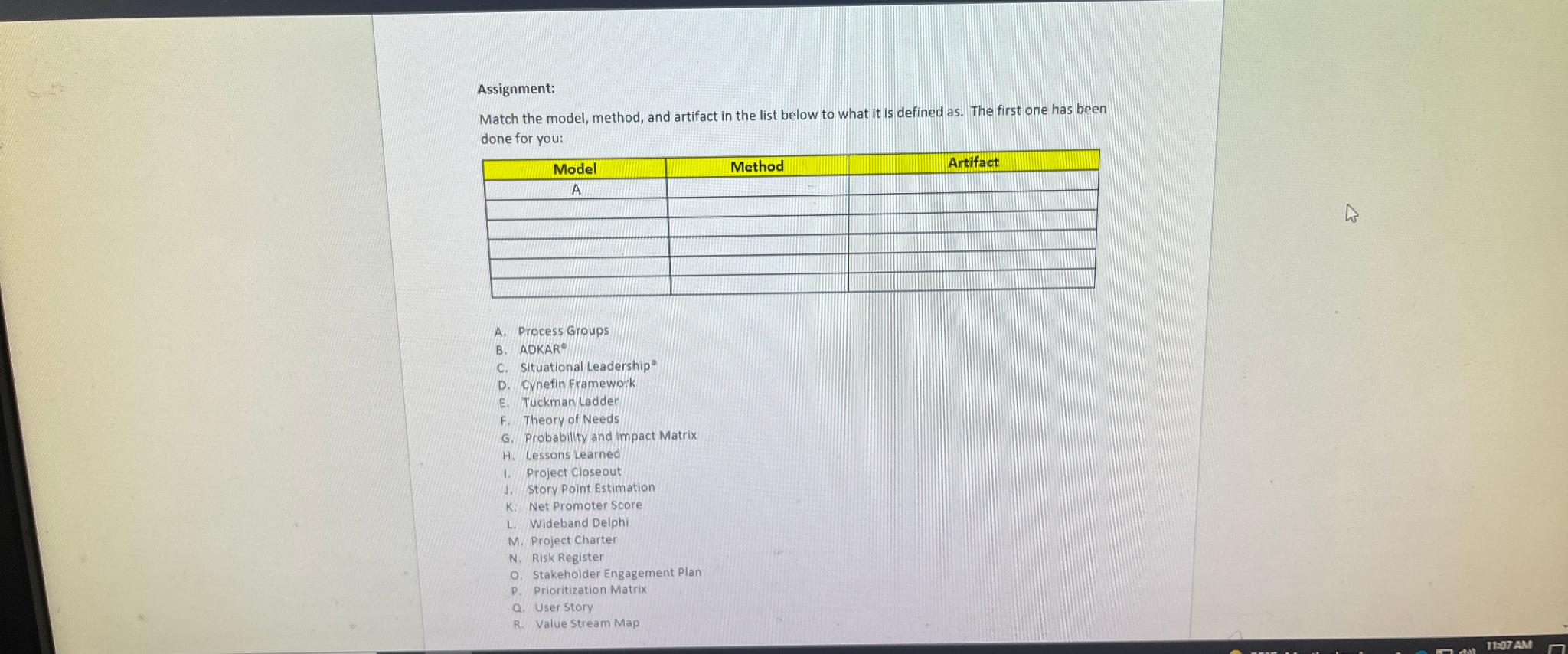  Assignment: Match the model, method, and artifact in the list below