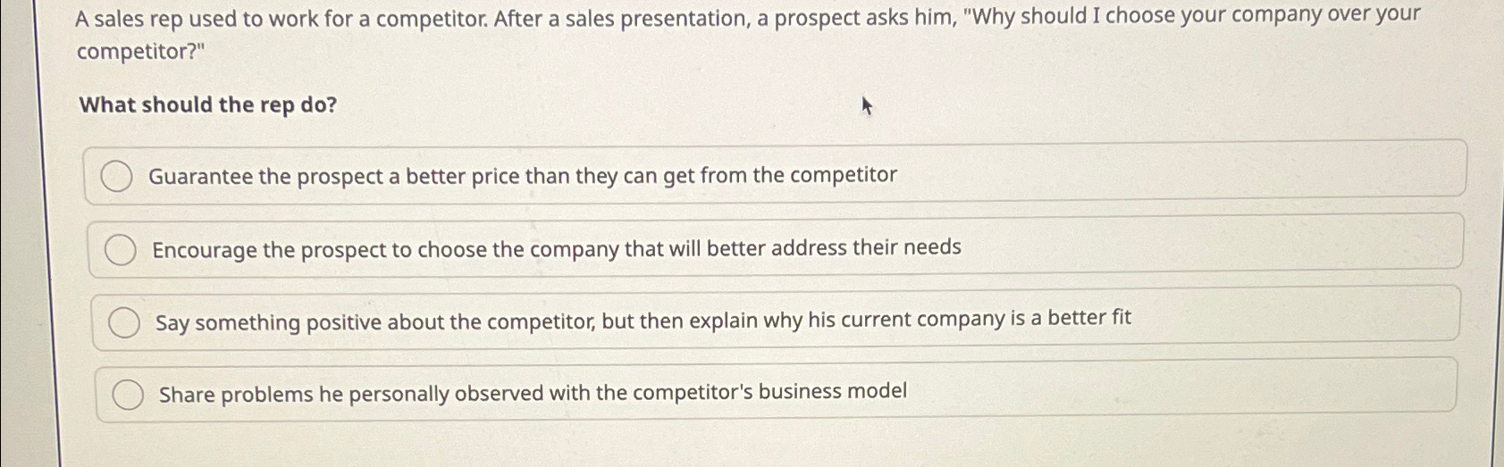  A sales rep used to work for a competitor. After a
