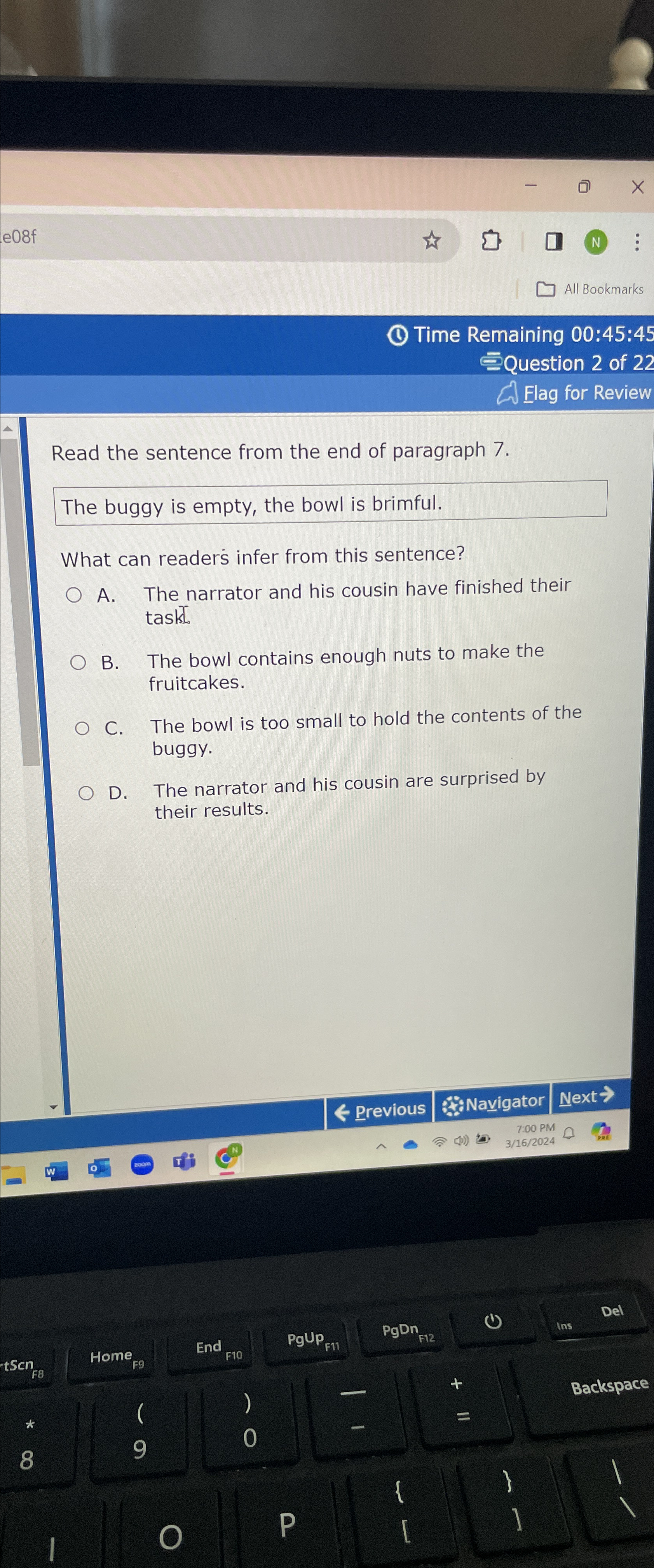  All Bookmarks (1) Time Remaining 00:45:45 5Question 2 of 22 Flag
