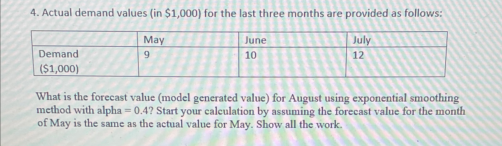  Actual demand values (in $1,000) for the last three months are