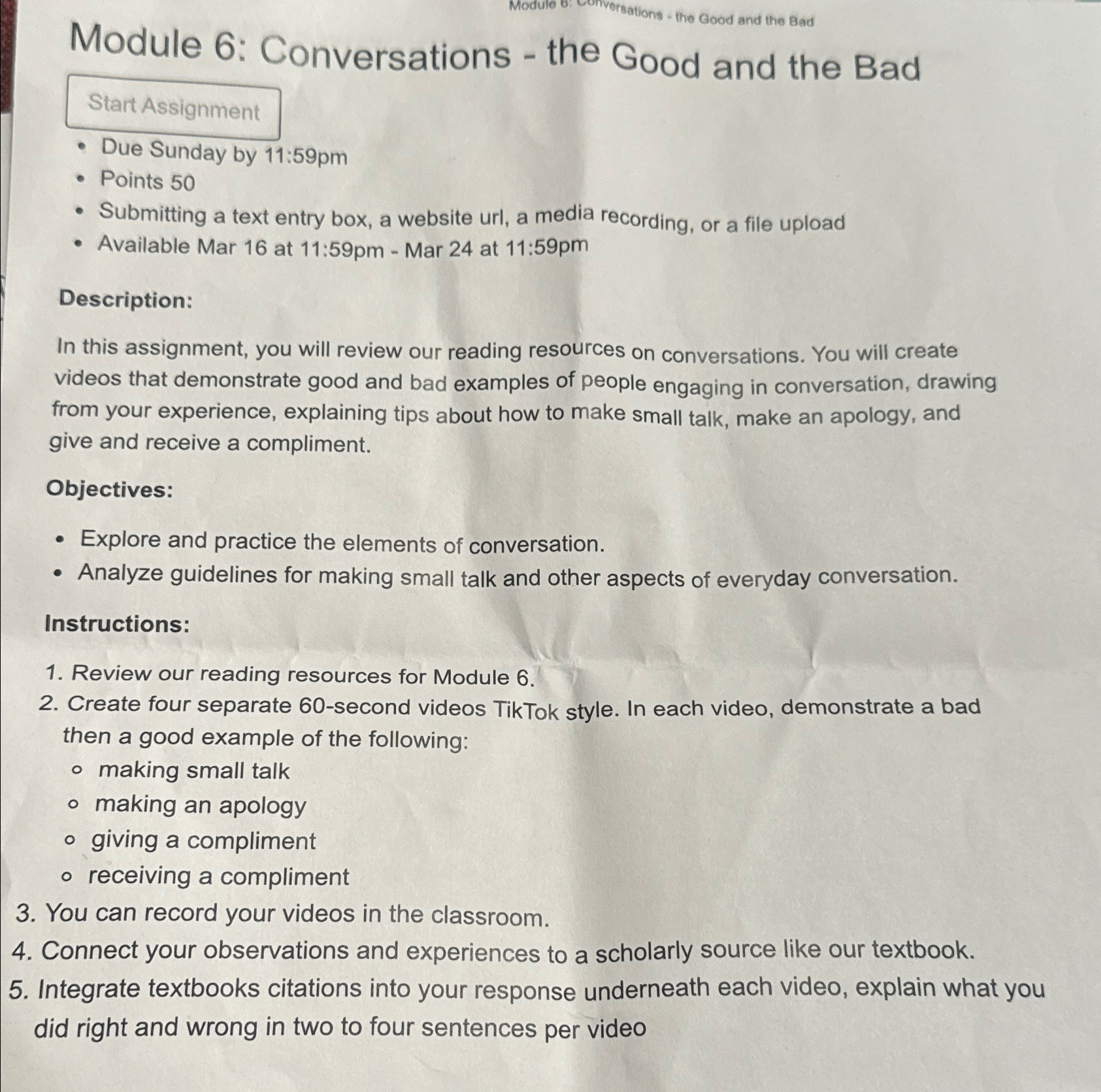  Module 6: Conversations - the Good and the Bad Start Assignment