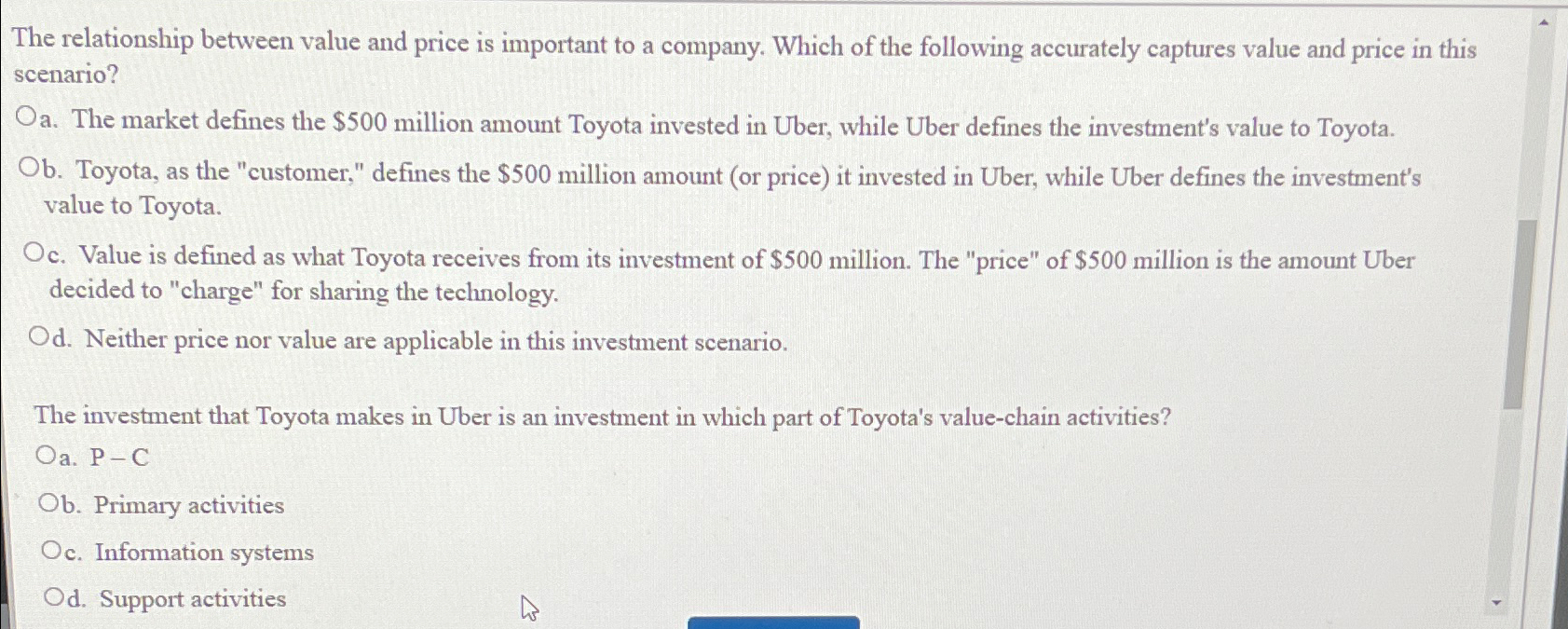  The relationship between value and price is important to a company.
