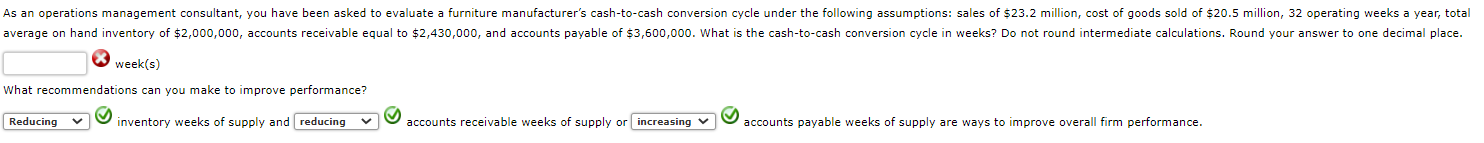 week(s) What recommendations can you make to improve performance? inventory weeks