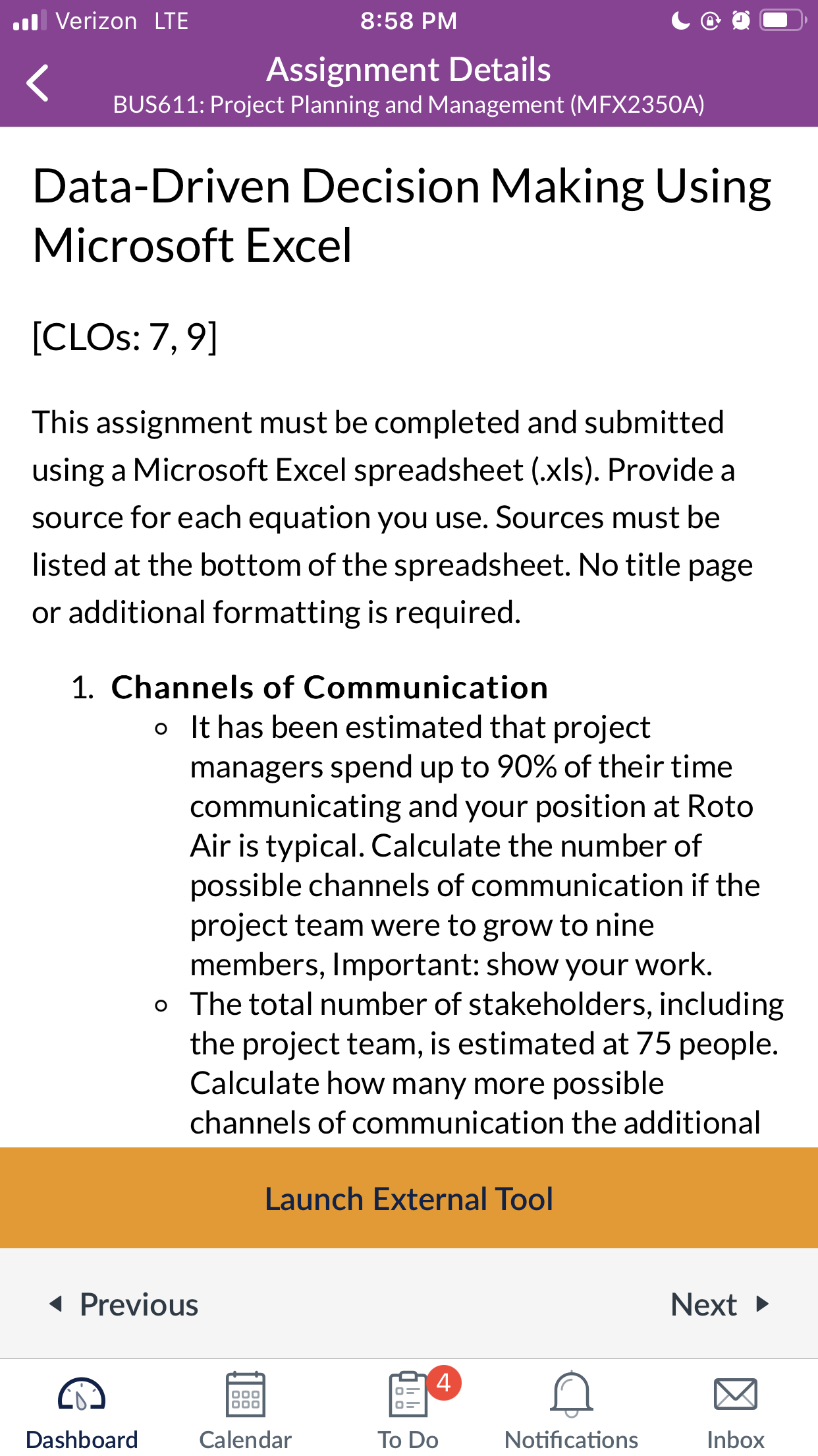  Verizon LTE 8:58 PM (1)1 Assignment Details BUS611: Project Planning and