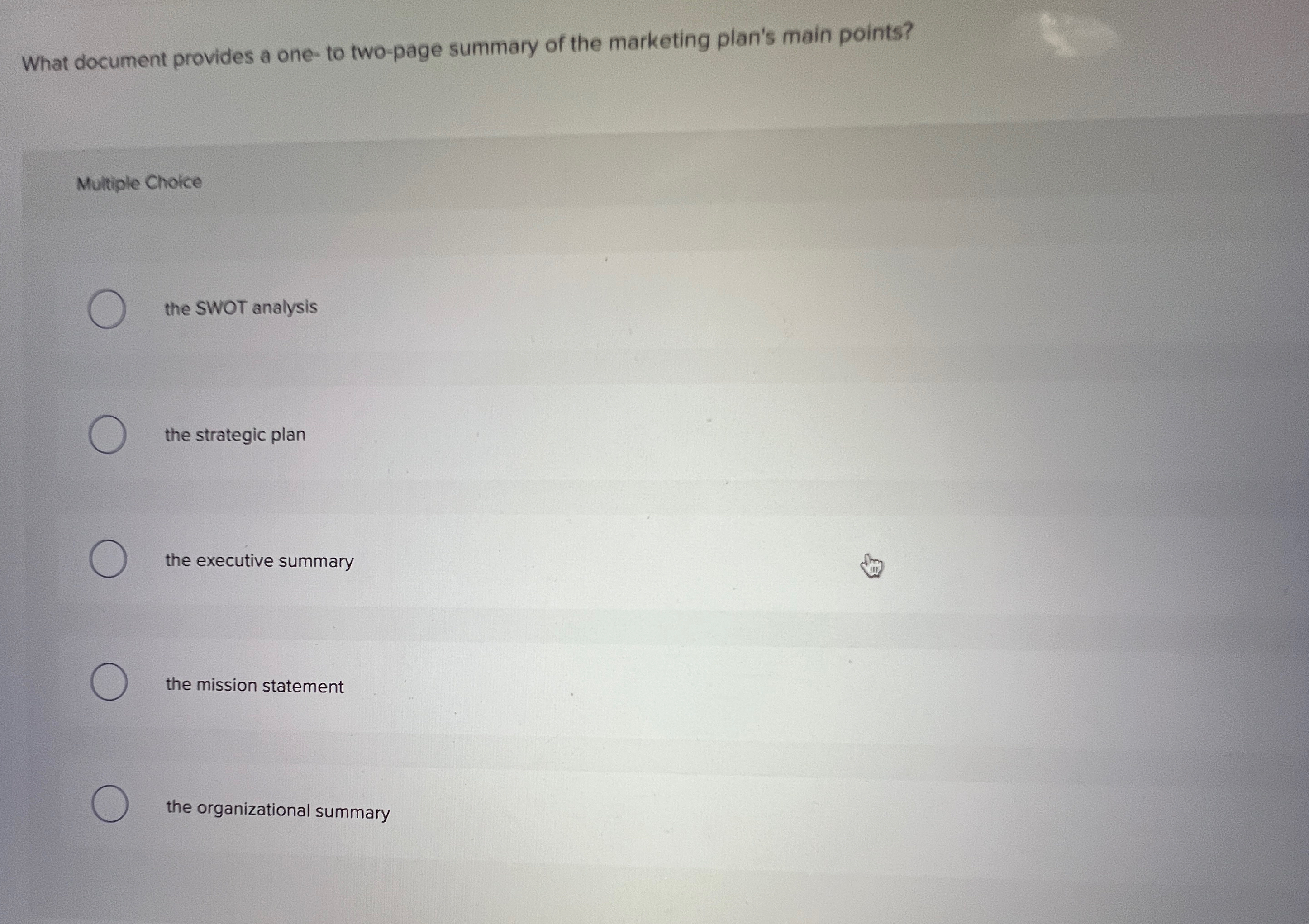  What document provides a one- to two-page summary of the marketing