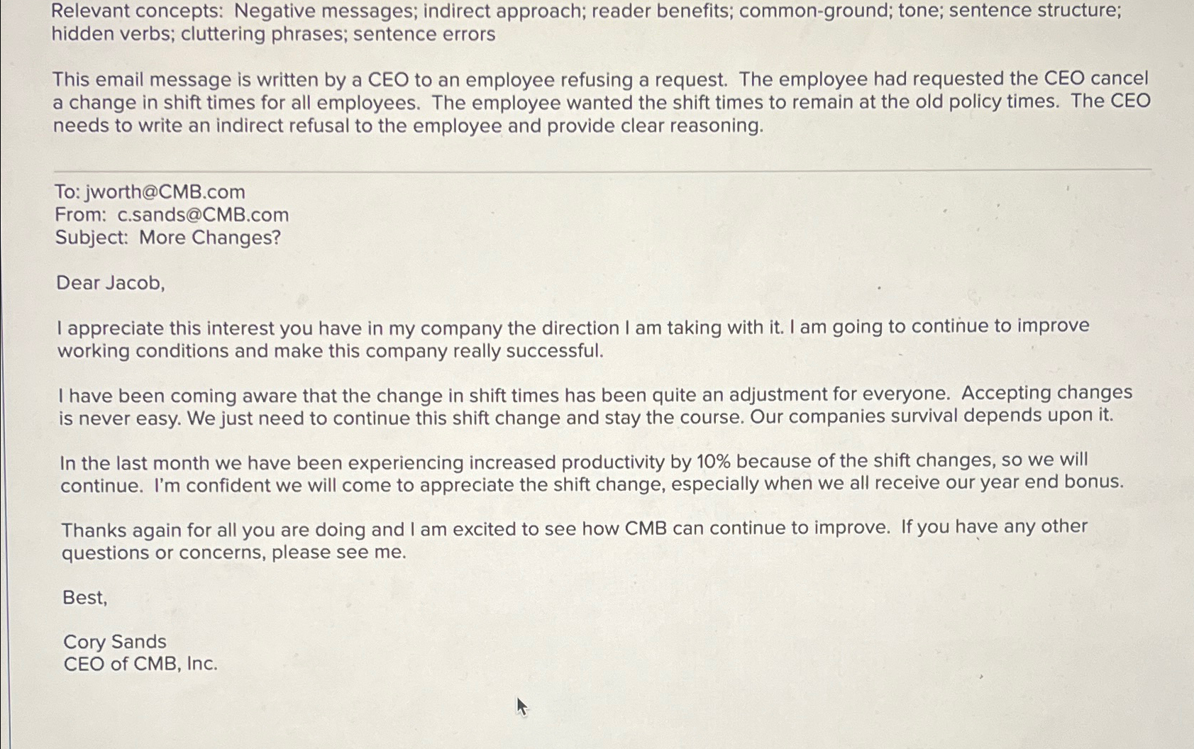  Relevant concepts: Negative messages; indirect approach; reader benefits; common-ground; tone; sentence