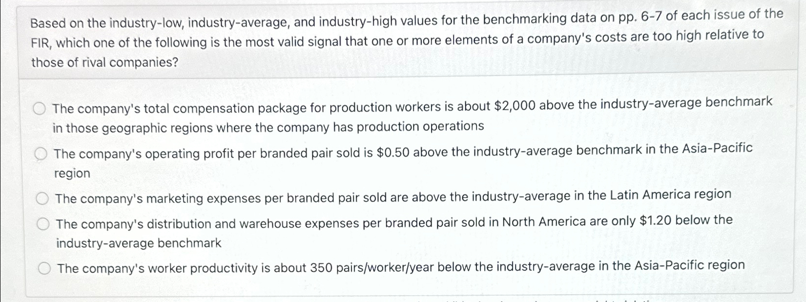  Based on the industry-low, industry-average, and industry-high values for the benchmarking