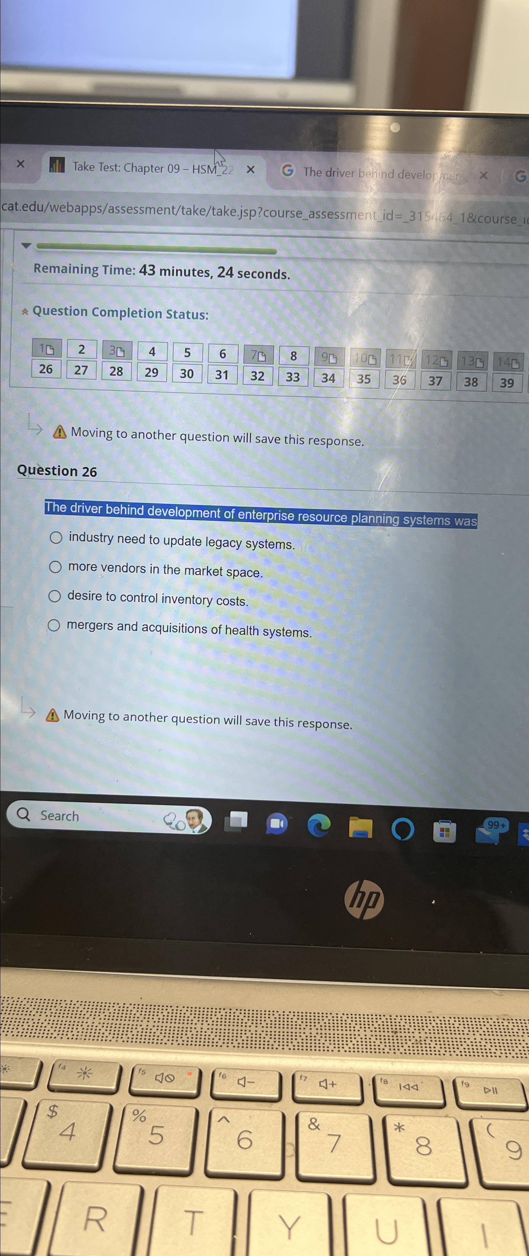 Remaining Time: 43 minutes, 24 seconds. Question Completion Status: \table[[10,2,30,4,5,6,7,8,95,10,110,12,13C,14 