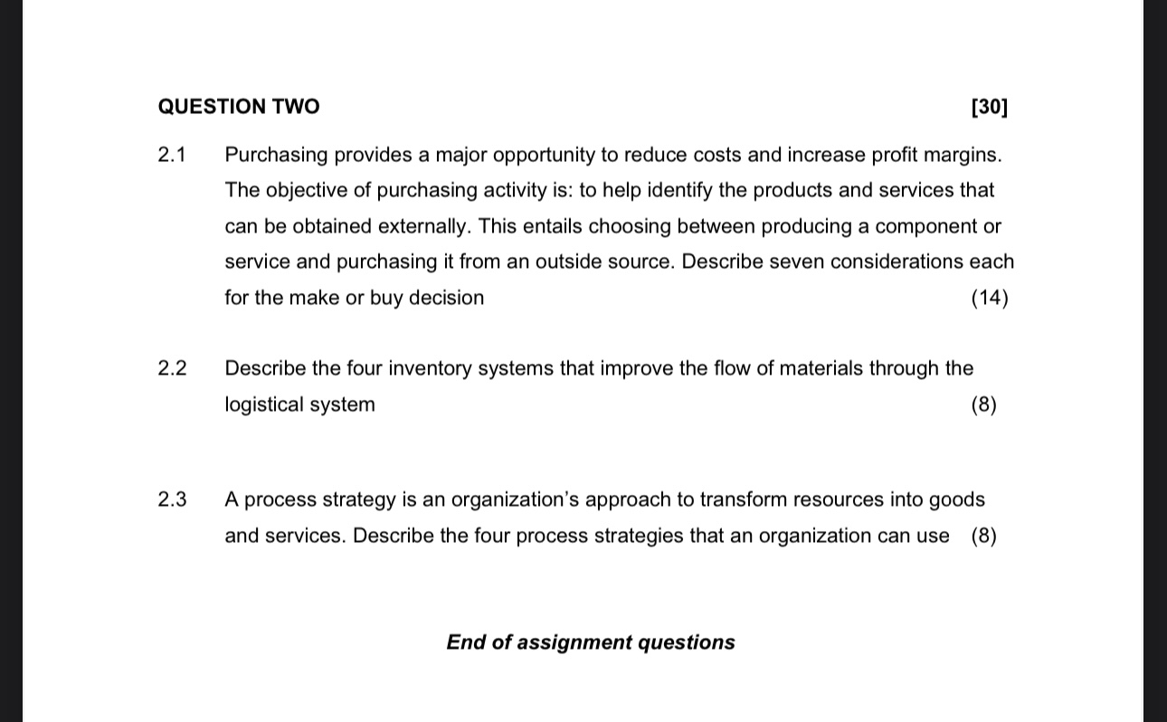  QUESTION TWO [30] 2.1 Purchasing provides a major opportunity to reduce