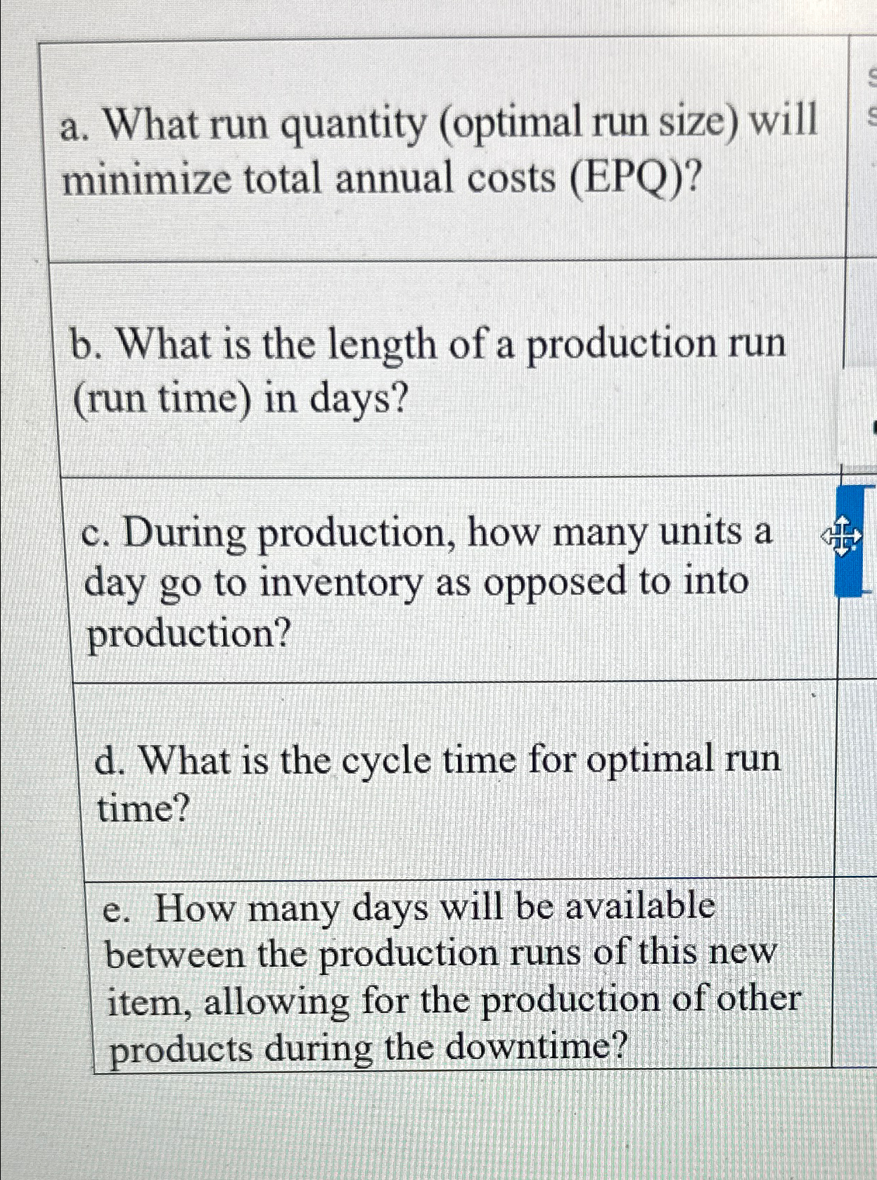  a. What run quantity (optimal run size) will minimize total annual