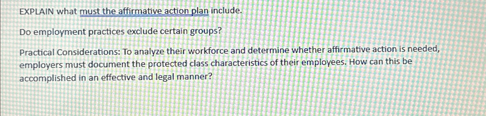  EXPLAIN what must the affirmative action plan include. Do employment practices